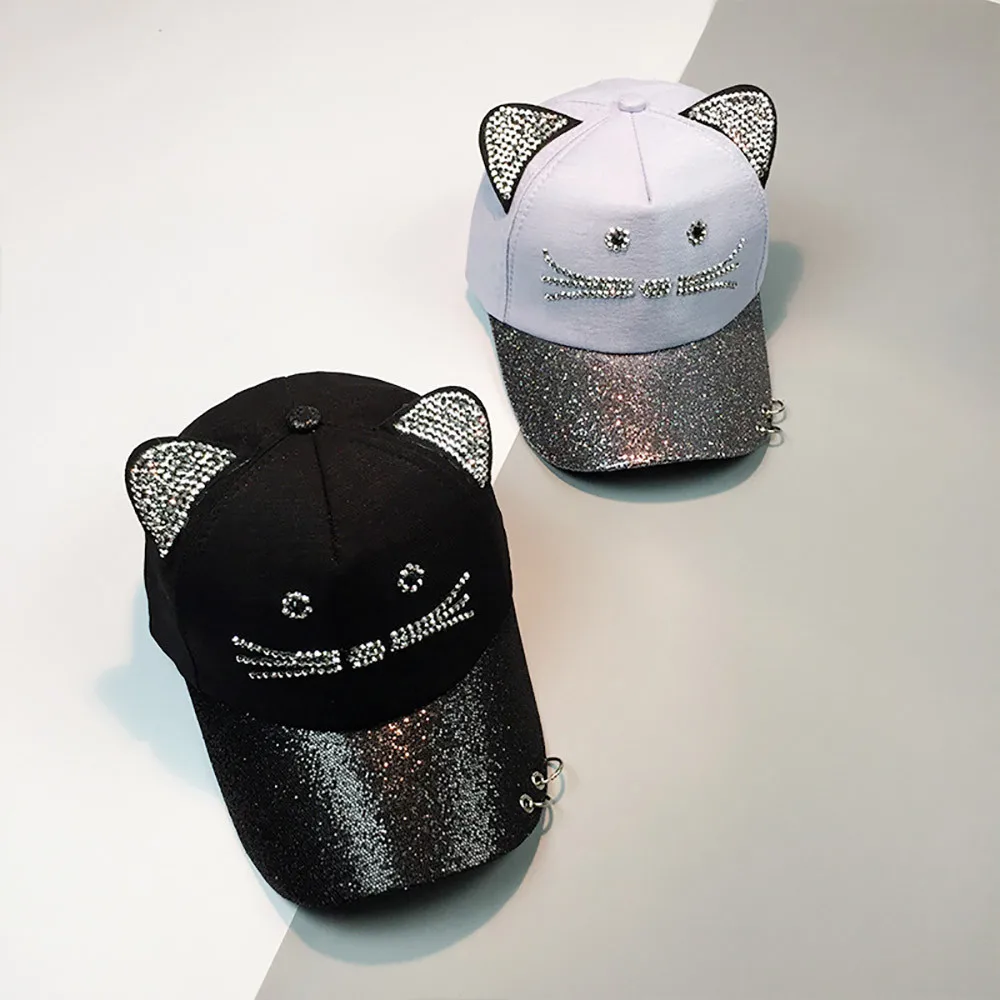 Sleeper#501 Женская милая бейсболка с кошачьими ушками и блестками с кольцом шляпа хип-хоп плоская шляпа модный дизайн подарок Горячая
