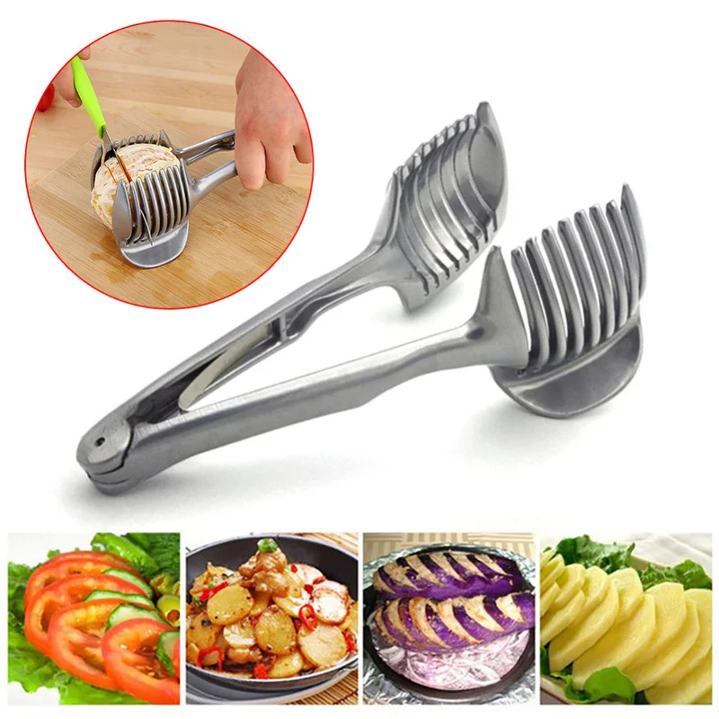 1Pc Stainless Steel Handy Potato Slicer Tomato Cutter Tool Lemon Cutting Holder Safety Kitchen Gadgets Home Cooking Tools