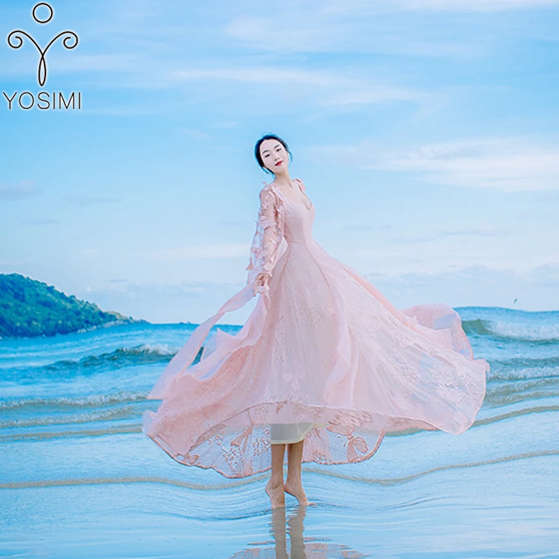 YOSIMI 2017 Summer High Quality Maxi Elegant Lace Two Pieces Fairy Long Butterfly 3D Embroidery Dress Evening Party Lady White 