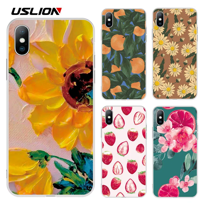 USLION прозрачный чехол с подсолнухами для iPhone 6 6s 7 8 Plus 5 5s SE цветами и фруктами