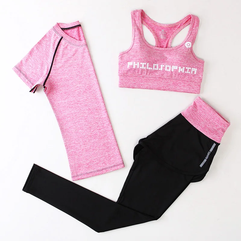 Женский комплект для фитнеса, йоги, гимнастические костюмы, 3 шт., женская спортивная одежда, одежда для бега, спортивный костюм, майка, топ, леггинсы, ZF196 - Цвет: Pink sets