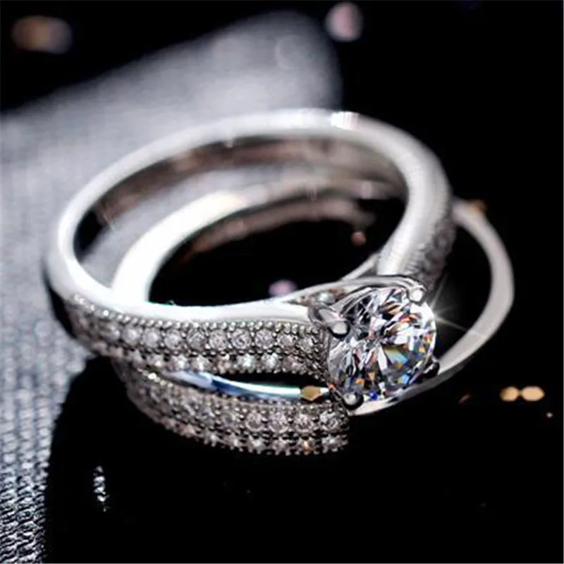 Vintage Female Crystal Round Wedding Ring Set Fashion Black Gold Bridal Engagement Ring Promise Zircon Stone Rings For Women