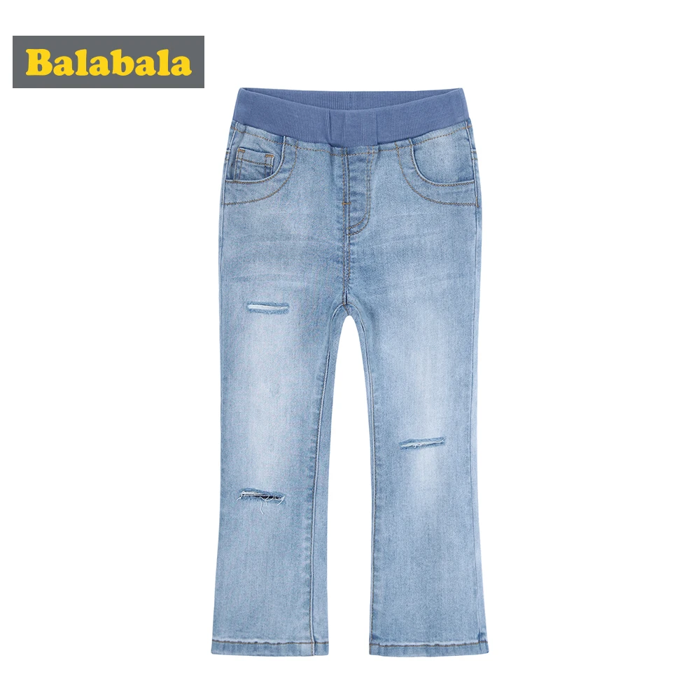 

Balabala Toddler Girl Mini Flare High Jeans with Destruction Children Kid Girl Destroyed Jeans in Washed Denim with Pleated Trim