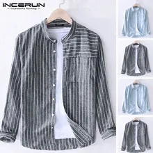 INCERUN, полосатая Мужская рубашка с длинным рукавом, стоячий воротник, карманы, для отдыха, брендовая, деловая рубашка, Мужская Уличная рубашка Harajuku