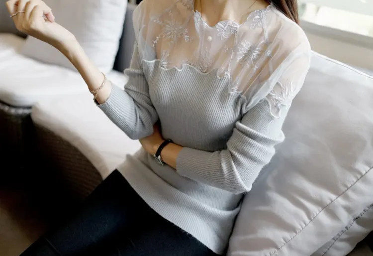 Sexy Slim Pullovers Female 2019 New Long Sleeve Gauze Lace Stitching Sweater Women Fashion Knitted Sweater Sueter Mujer (11)