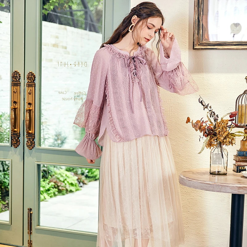 Cordon Femmes À Automne Mousseline Volants Arrondi Soie De Dentelle Élégant Manches Sa15081q Col Nouvelles Chemise Perspective Couture Lavande En Artka 2018 5qIAwtxSY
