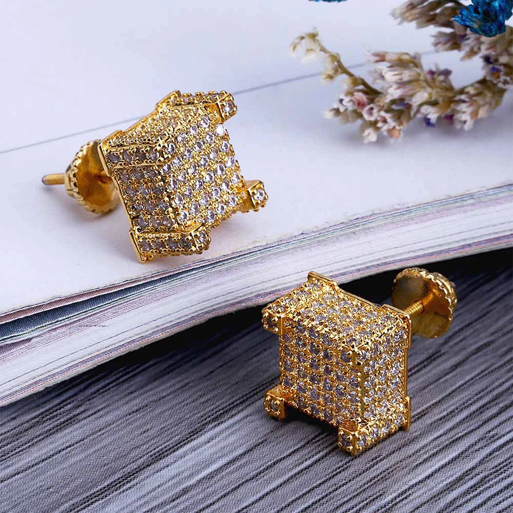 

New Best Selling Iced Out Bling Micro Pave Cubic Zircon Copper Square Stud Earrings Hip Hop Men & Women Jewelry