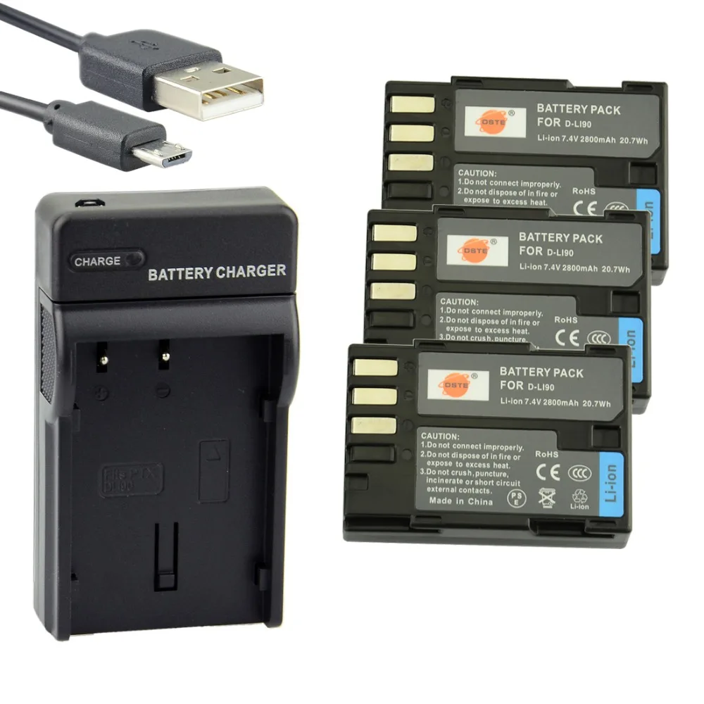 

DSTE 3PCS D-LI90 Li-ion Battery with USB Port Charger for Pentax K-7 K-7D K-5 K-52 645D K5IIS K5II K01 K3 Camera