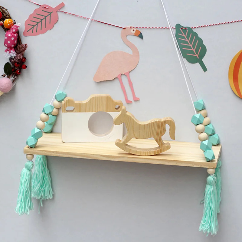 

Nordic style beads colorful wood shelves with tassel Wall clapboard decoration Children room kids clothing store display stand