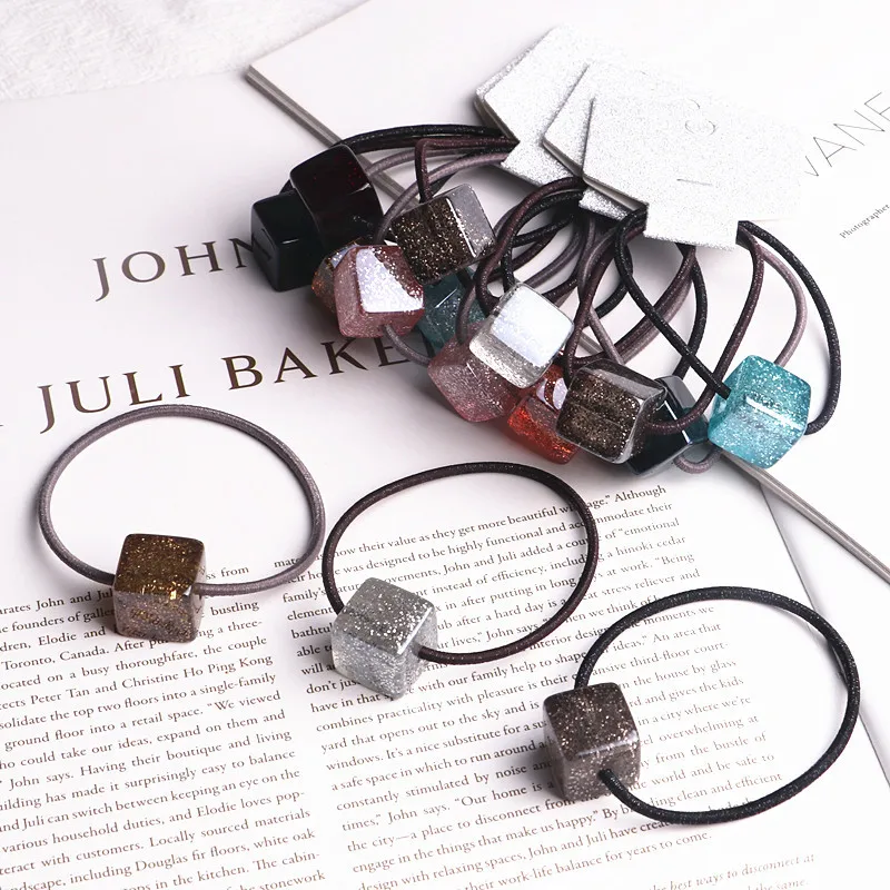 

3pcs/lot Simple hair ornaments ice square hair ring hair rope children bright flash elastic ponytail braid head rope