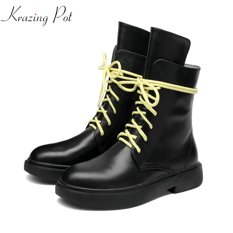 

Krazing Pot recommend cow leather high street fashion motorcycle handmade lace up low heels round toe Chelsea ankle boots L06