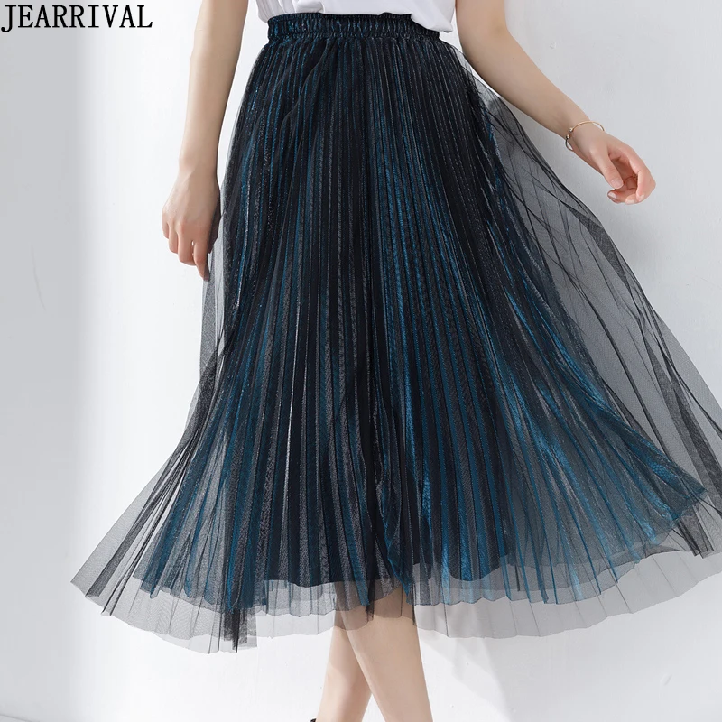 Модная женская юбка-Блестящий тюль летняя Корейская стильная плиссированная юбка с высокой талией уличная Женская юбка миди Faldas Mujer