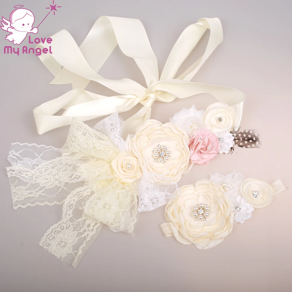 Ivory satin lace flower sash and headband set Newborn maternity
