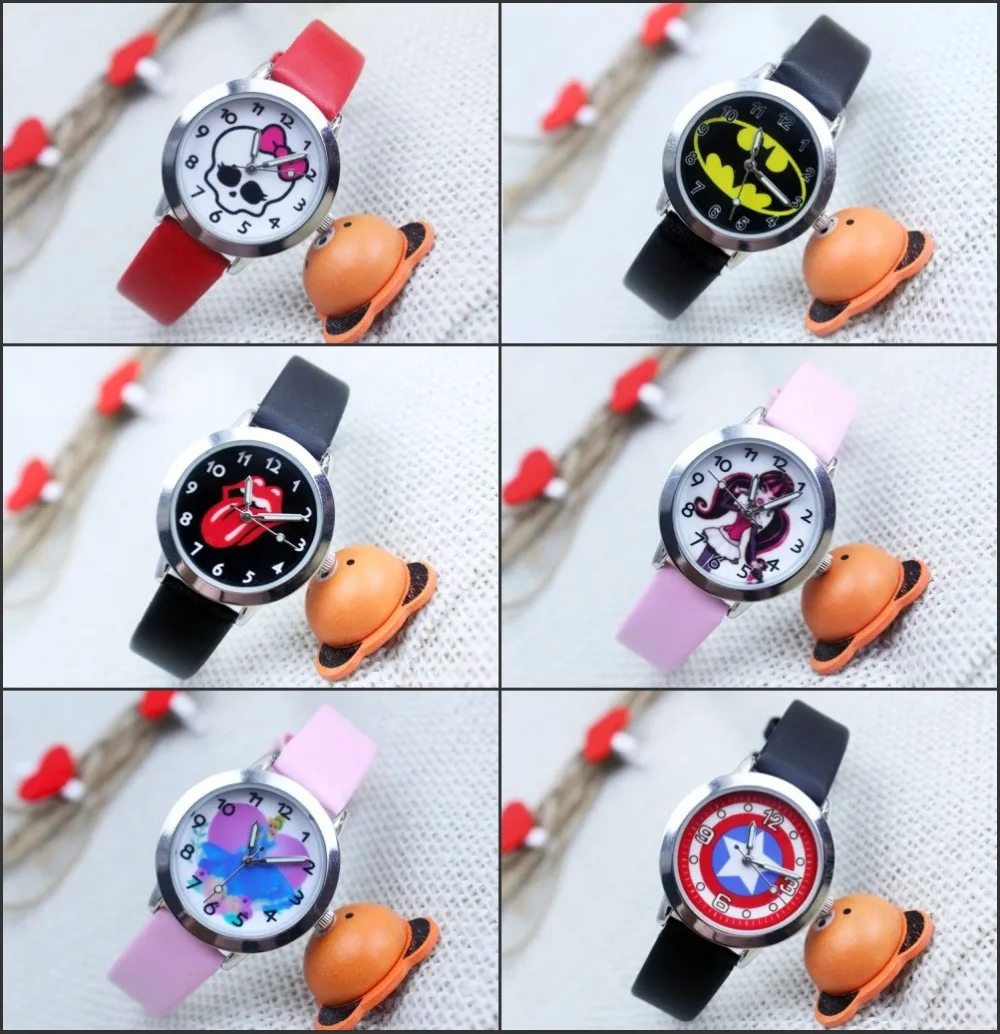 

Cartoon mixed style girl boy Batman ,princess ,Monster high, ,children students girl's leather quartz watch 1pcs
