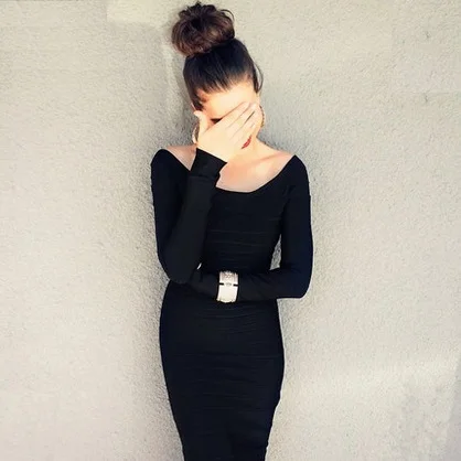 

High Quality Women's Elastic Knitted HL Bandage Dress Boat Neck Long Sleeve Party Dress 8 Colors Wholesale