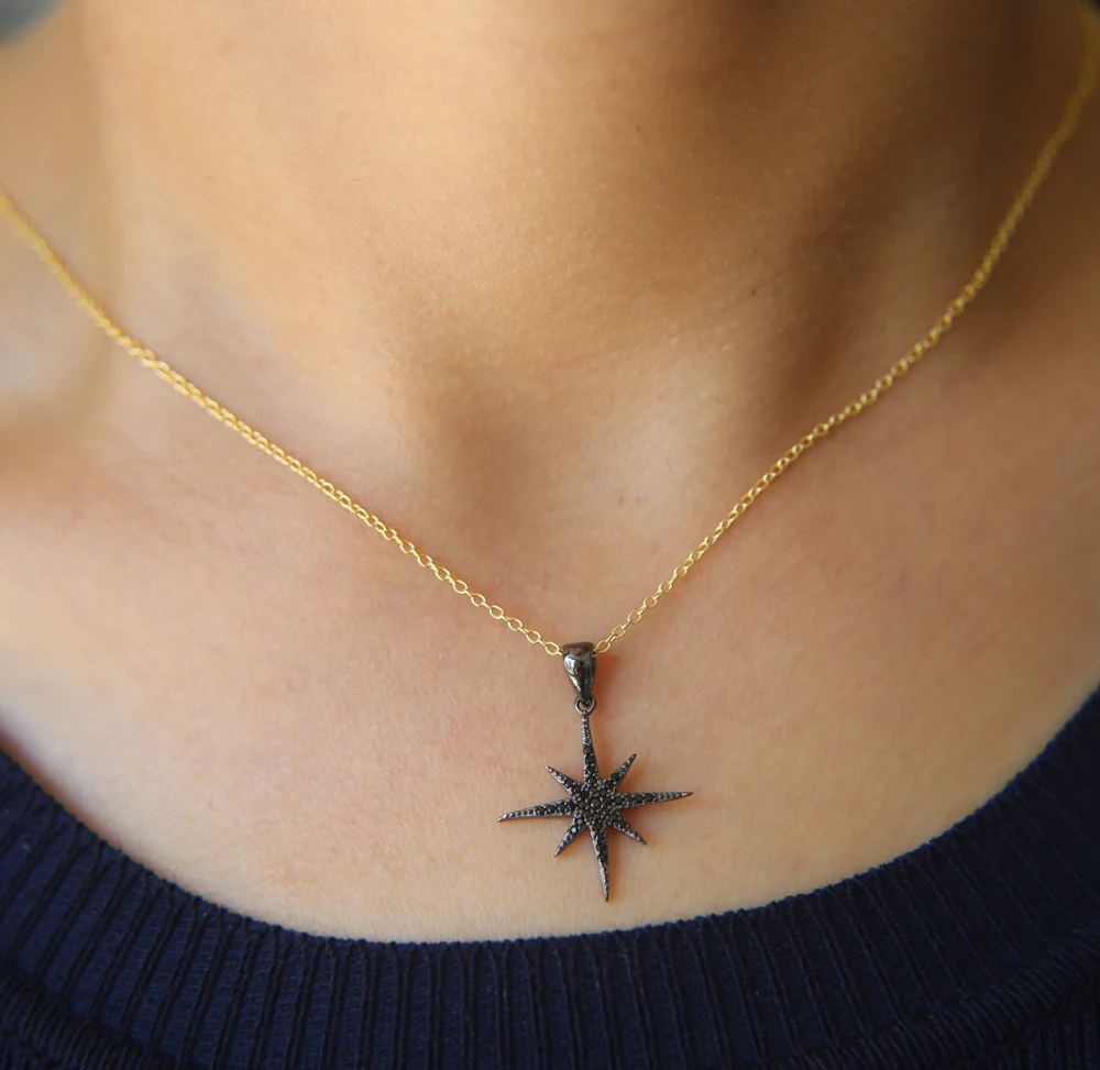 

gold black cubic zirconia north star pendant necklace starburst charm 925 sterling silver women collar chains