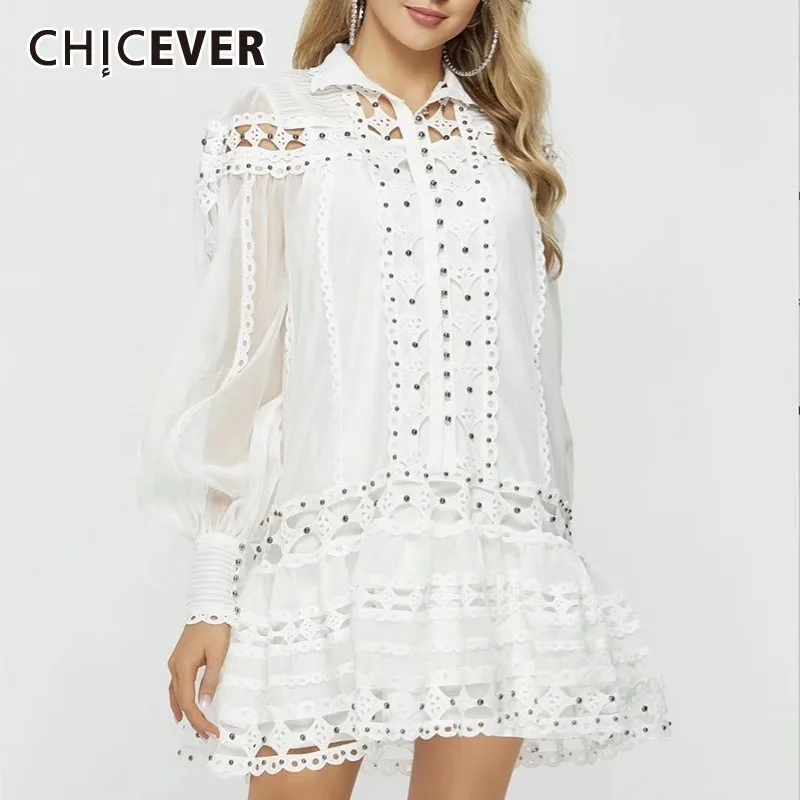 

CHICEVER Summer Elegant Solid Beading Hollow Out Dress Women Lapel Chiffon Puff Sleeve Slim A-line The Dresses 2019 Fashion