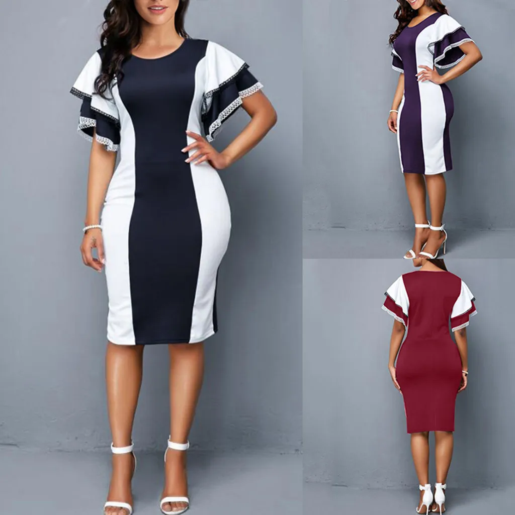 

2019 New Style Sexy Party Women Dress Women Plus Size Summer Sexy Flare Sleeve Layered O-Neck Lace Party elegant Dress