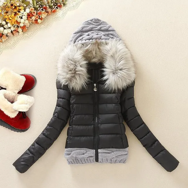 Autumn Winter Women Parka Coat Casual Padding Knit Hooded Short Jacket Slim Long Sleeve Patchwork Parka Outwear