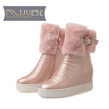 

MLJUESE 2019 women Mid calf boots cow leather wool warm buckle winter platform wedges short plush women snow boots casual boots