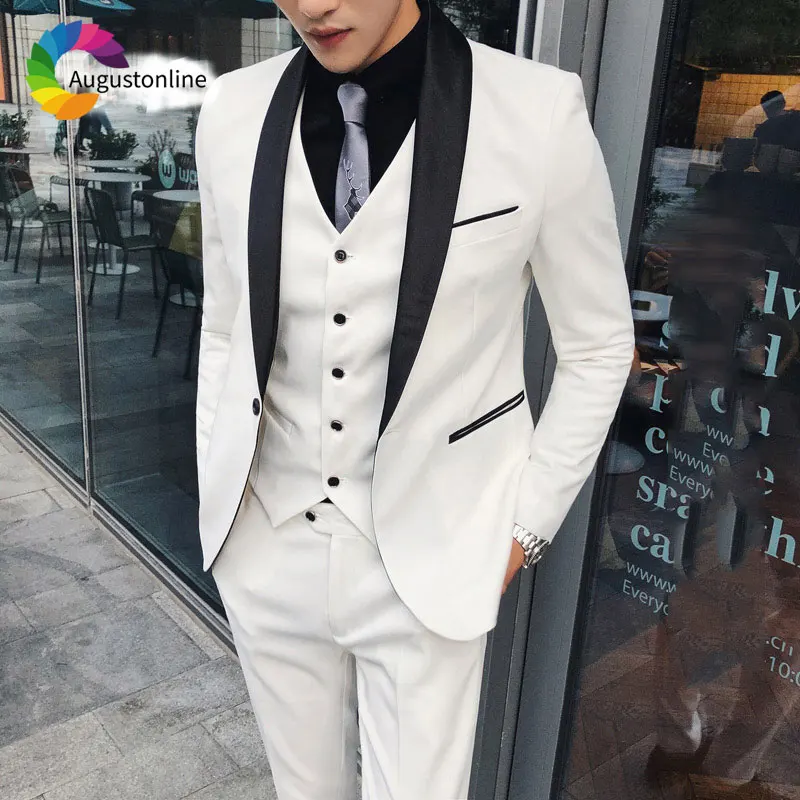 Tailored White Groom Wedding Suits Men Suits 3Piece Jacket Pants Vest Black Lapel Best Man Blazer Slim Fit ManTuxedo Prom Wear