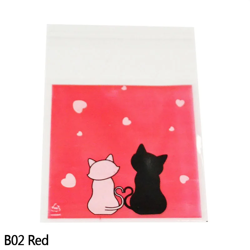 50Pcs/100pcs 7x7cm Lovely Cat Party Cookies Biscuits Bag Self-adhesive Plastic Bags Wedding Cellophane Bag Cake Candy Gift Bags - Цвет: red