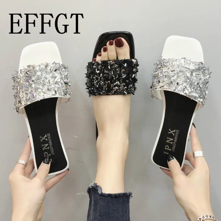 

EFFGT 2019 Shoes Woman Flat Beach Slides Summer Sandals Home Slippers Fashion Flats Glitter Rhinestone Leisure roman slipper A55