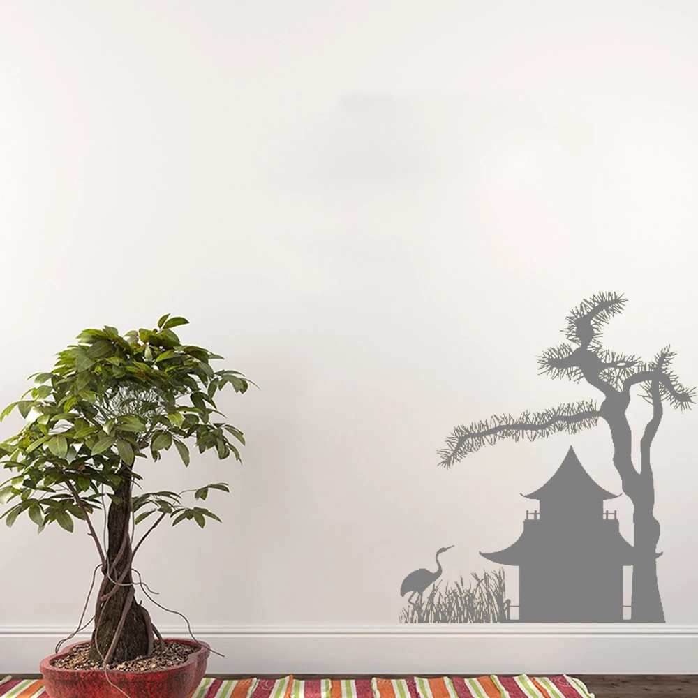 wohnzimmer kunst wandgestaltung, kunst japanischen haus baum vogel wand vinyl aufkleber muster, Design ideen