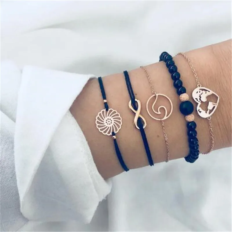 

Ahmed Bohemian Black Beaded Bracelets for Women Vintage Fashion Heart Wave Map Charm Bracelets Sets Jewelry Christmas Gifts