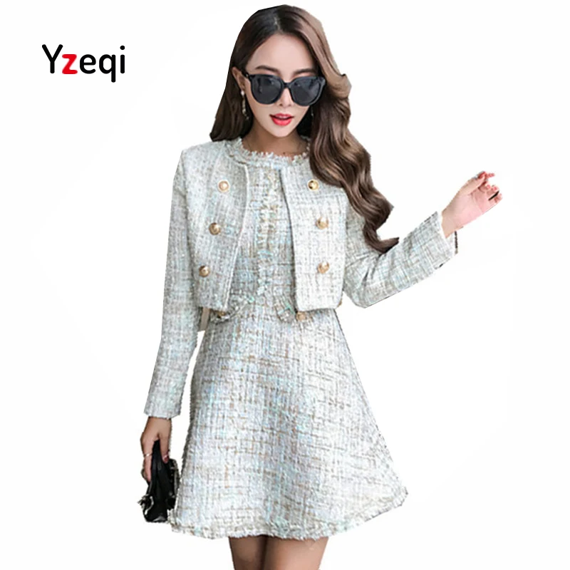 Yzeqi Korean New Autumn Winter Tweed 2 Piece Set Dress Fashion Women White Short Jacket Coat