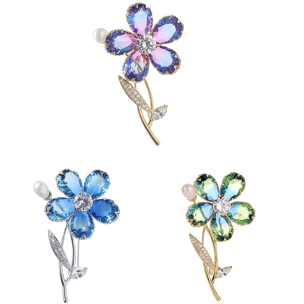 

Women Luxury Plant Flower Brooch Zircon Copper Pearl Crystal Female Girl Clothing Wedding Elegant Pin Accessories Gifts