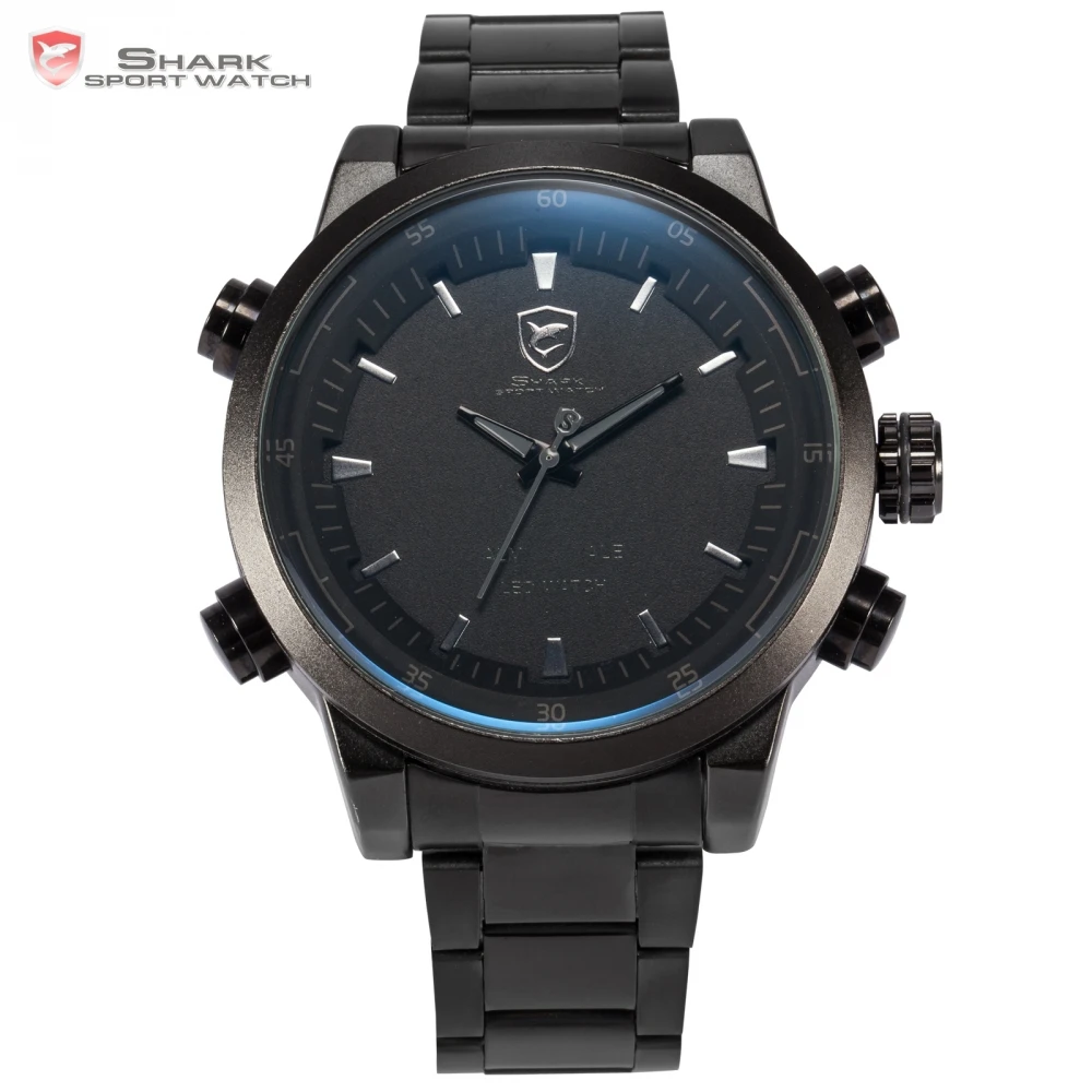 Hammerhead Shark Sport Watch Full Black Clock Date Alarm Steel Band