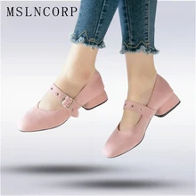 Plus Size 34-48 Spring Women Mary Janes Shoes Square Toe Buckle Shoes Med Square Heels Zapatos Mujer Casual Loafers Shoes mixed color polka dot mesh upper girl nude shoes square toe black suede buckle mary janes shoes middle chunky heel shoes women