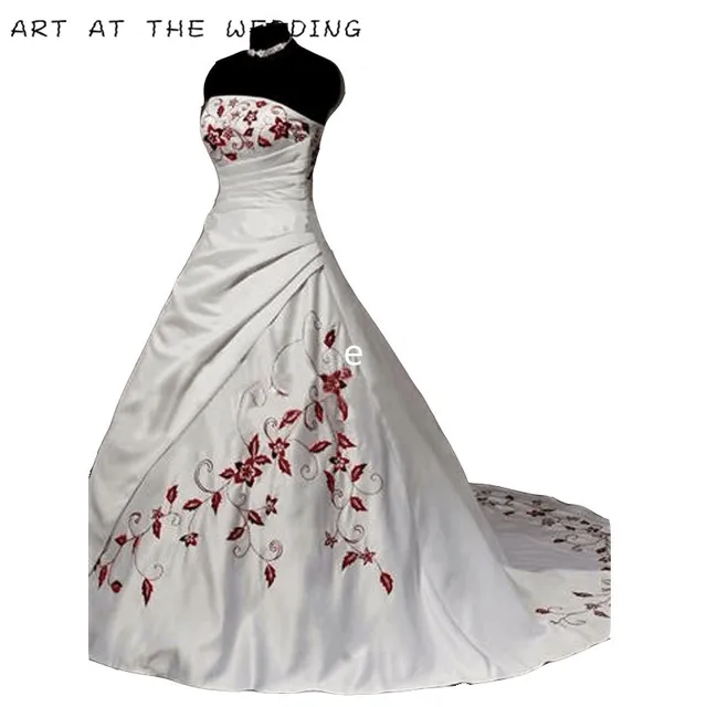 Strapless White Red Embroidery Court Train Ball Gown Wedding Dress