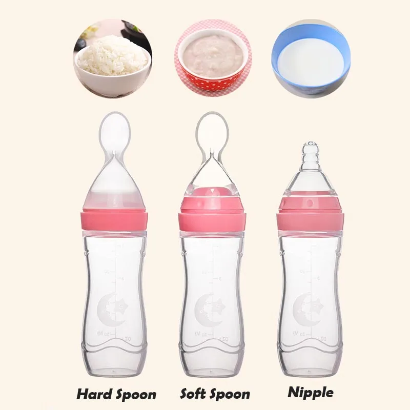 3 in 1 120ml Infant Baby Soft Silicone Food Supplement Toddler Rice Cereal Feeding Bottles Spoon Milk Food Storage Cup