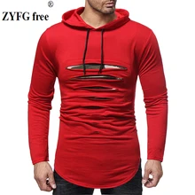 2019 Long sleeve hooded men t shirt spring summer T-shirt men Longline curved hem casual slim t-shirt streetwear tops Tees curved hem sequin ice cream t shirt
