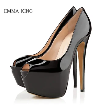 

Supper High Heels Platform Pumps Patent Leather Peep Toe Women's Shoes Sexy Black Stilettos Catwalk Stage Nightclub Shoes Woman