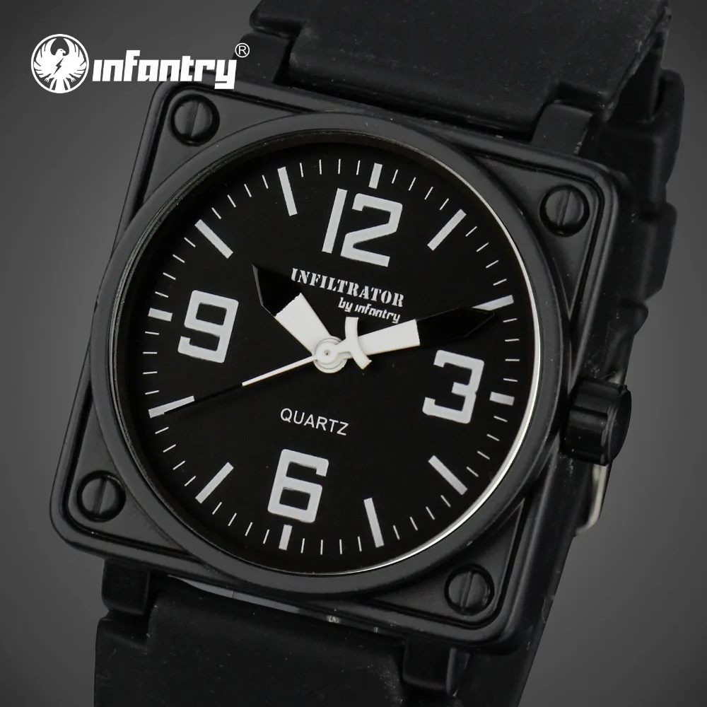 INFANTRY Mens Quartz watches Military Square Face Watches Analog Male Clock Tactical Army Black Silicone Band