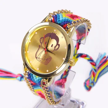 

Gnova Platinum Rainbow Geneva Watch Women Little Funny Monkey wristwatch Lace Chain Braid Girl Teen Fabric Retro Ethnic A006