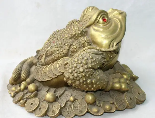 

free 18" Chinese Folk Feng Shui Brass Wealth Rich Golden Toad Spittor Yuan Bao Statue fast