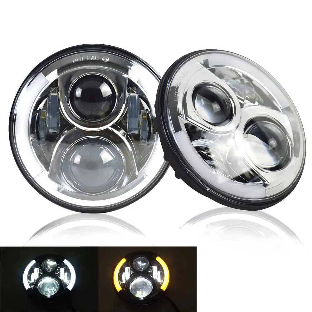 

7Inch Chrome Angel Eyes Round LED Headlights With DRL Amber Turn Singal Hi/Lo Beam