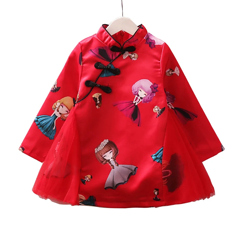 

2018 New Chinese Style Girls Winter Dress Child Tang Suit Printing Cheongsam Dresses Robe Baby Qipao For New Year Clothing