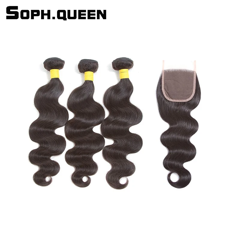 Sophqueen Remy Hair Brazilian Body Wave 3 Bundles With Closure Lace For Hair Salon PCT 15% Human Hair Bundles With Closure brazilian-body-wave-closure