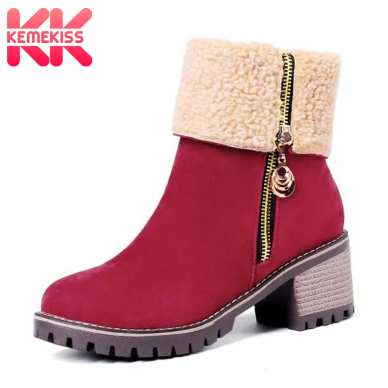 

KemeKiss Women Snow Boots Zipper High Heels Winter Shoes Women Warm Fur Round Toe Fashion Platform Mid Calf Boots Size 34-43
