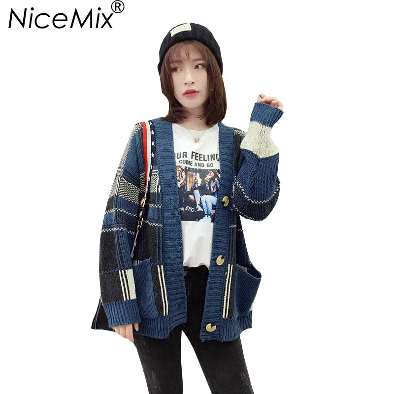 

NiceMix 2019 Winter Vintage Cardigan Women Sweater Casual Loose Plaid Cardigans Ladies Knitted Sweater Coats Pull Femme