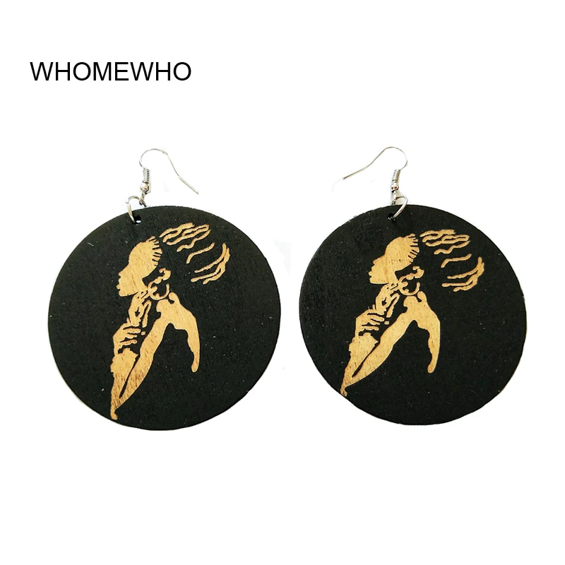 

Handmade Wood Africa Black Engraved Beautiful Girl Tribal Silver Earrings Ethnic Wooden Party Accessory Club African Ear Jewelry