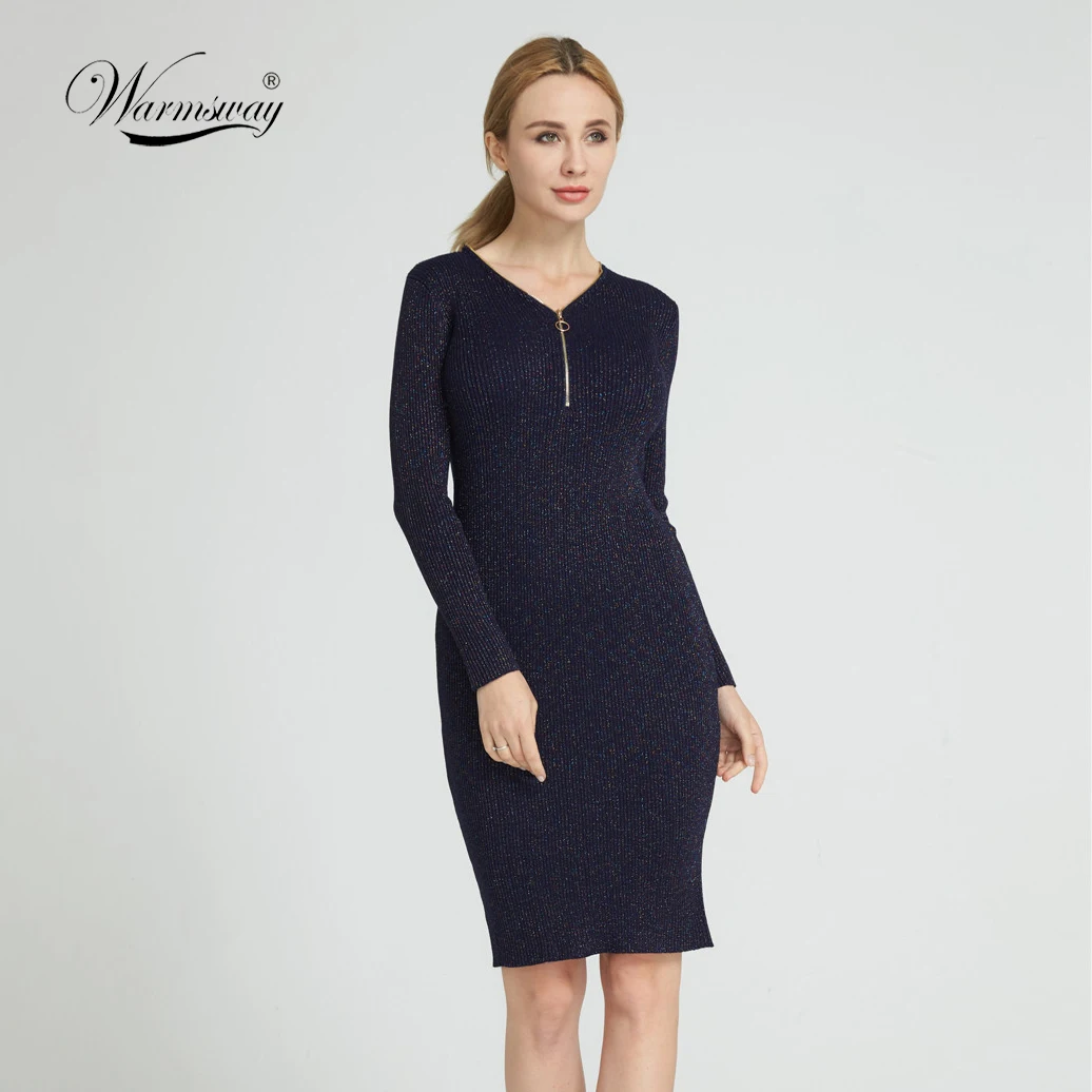Warmsway Elegant Bust zipper bodycon dress Slim evening party club Lurex shine dress Women autumn winter sexy vestidos C-155