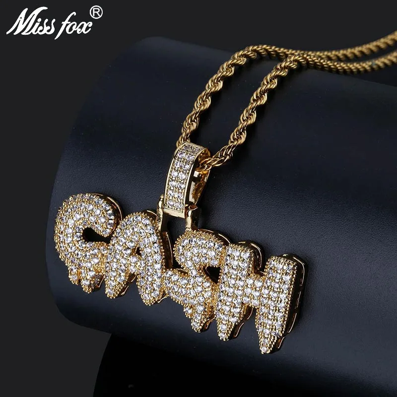 

MISSFOX Hip Hop Freeze Cash Letter Necklace Pendant 24K Gold Plated AAA Cubic Zirconia Iced Out Luxury Brand Nameplate Necklace
