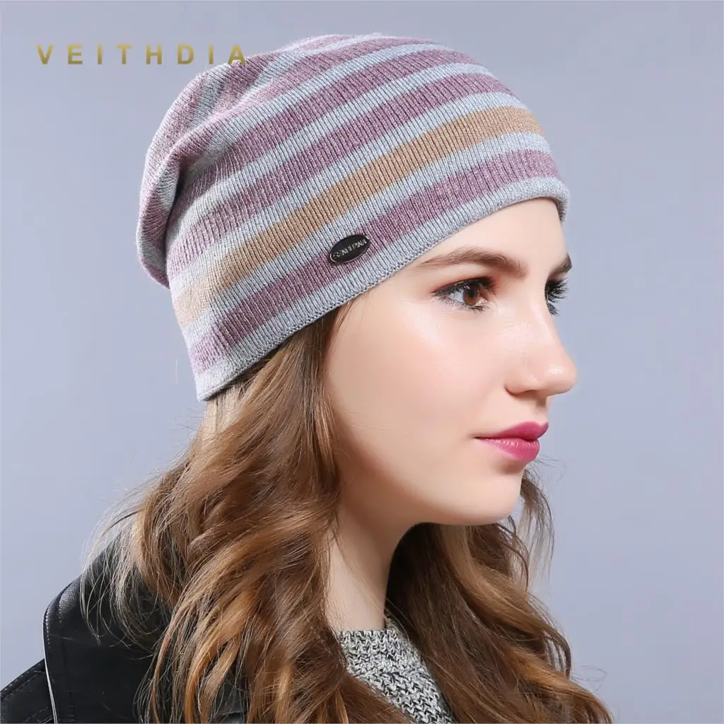 VEITHDIA/женские вязаные шерстяные шапки на осень и зиму в полоску триколор высокое