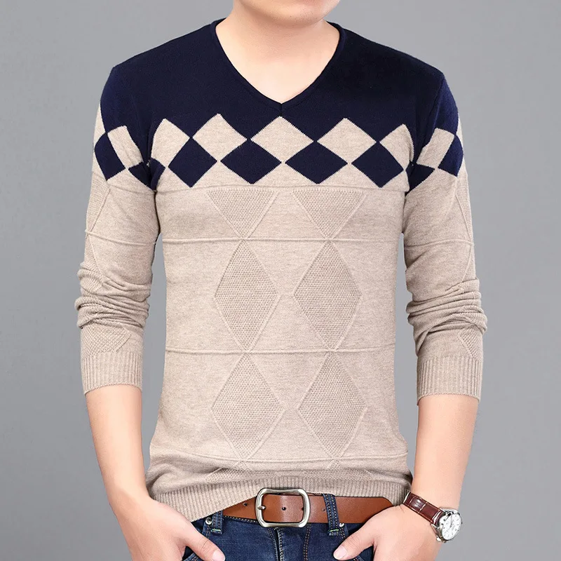 V neck Full Pullovers Mens Knitwear Sweaters 2017 New Year's Fashion Autumn Winter Slim Fit 